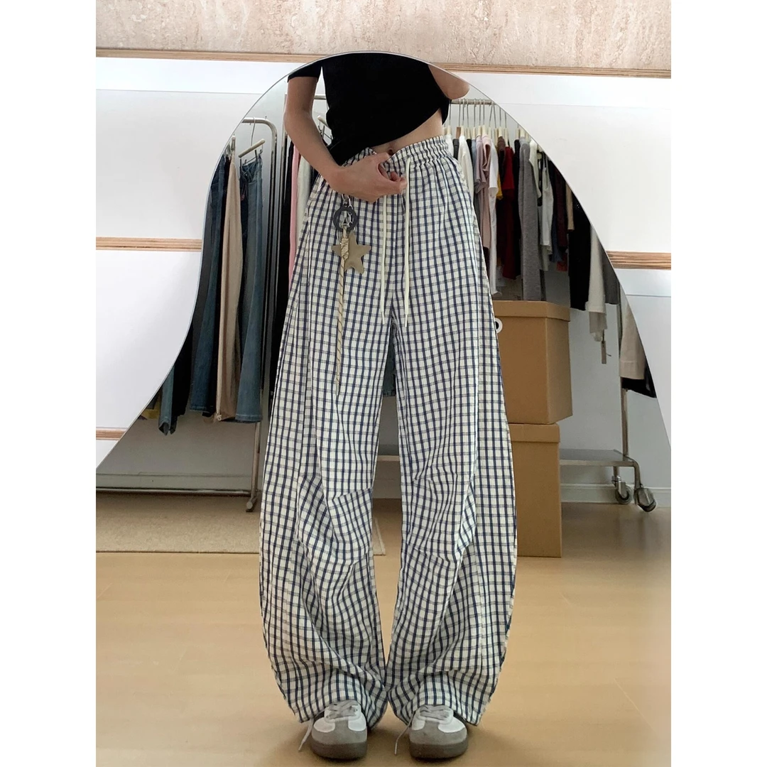 慵懒感格子休闲弯刀裤女秋季新款胖妹妹mm高腰宽松显瘦阔腿拖地裤