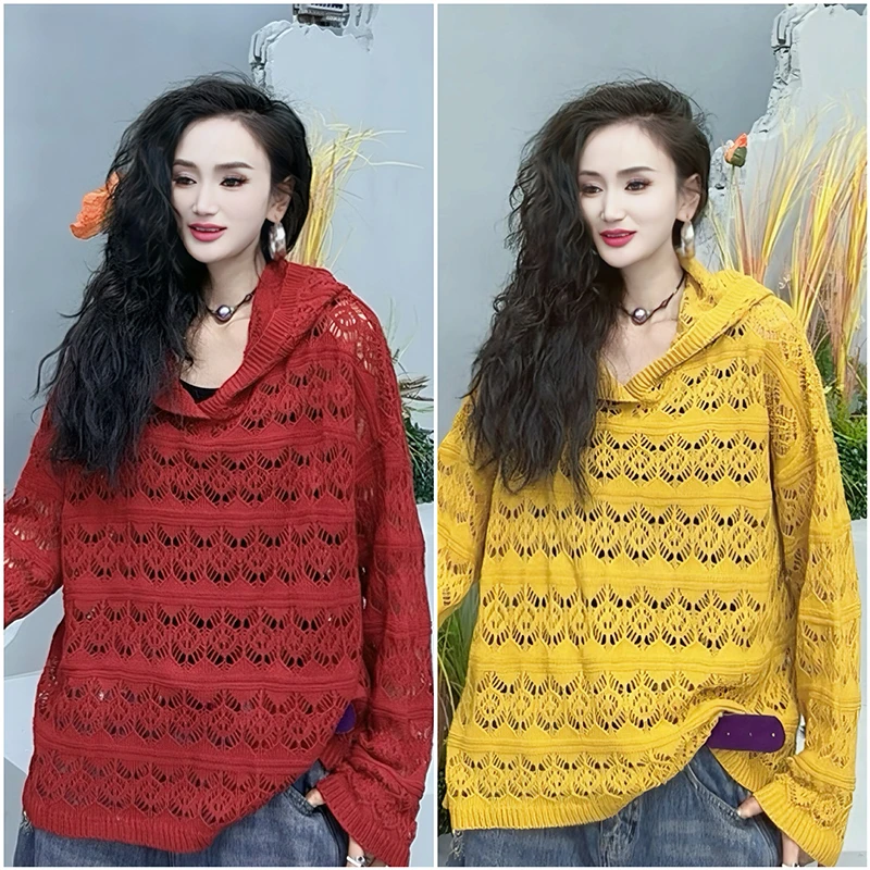 春季纯色慵懒风拼接蕾丝长袖毛针织衫时尚百搭镂空宽松上衣-6808