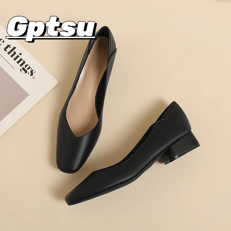 GPTSu软皮软底工作鞋女鞋黑色上班职业通勤久站不累脚方头平底鞋