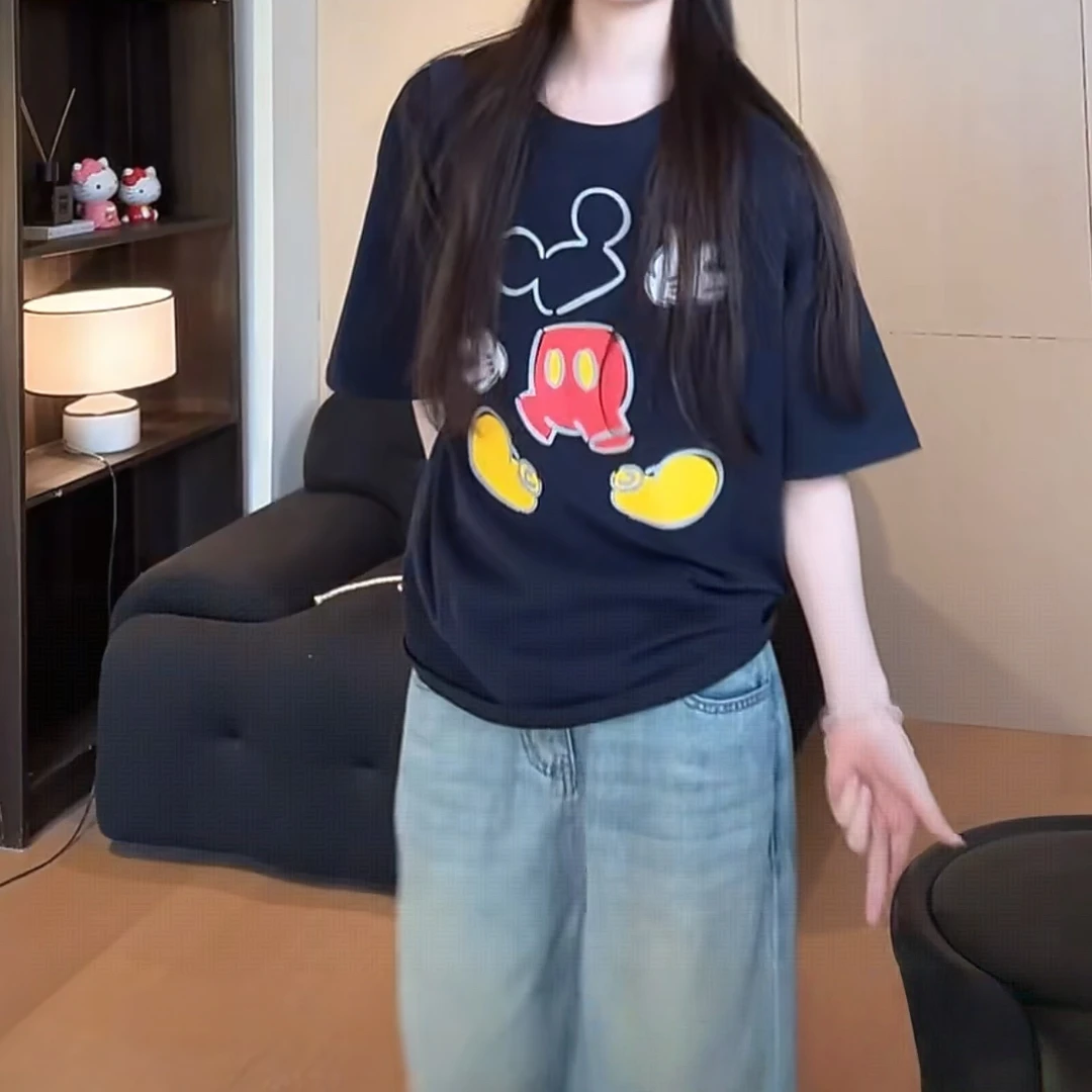 透气舒适流行款圆领短袖T恤女2025卡通印花圆领宽松百搭短袖T恤