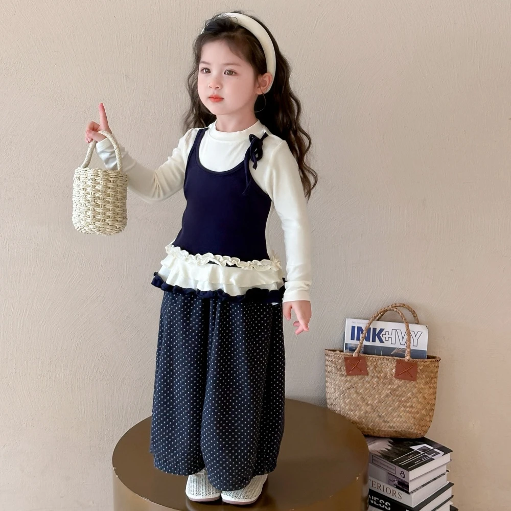 女童套装2025春季新款儿童内搭修身设计感假两件叠穿上衣女孩长裤