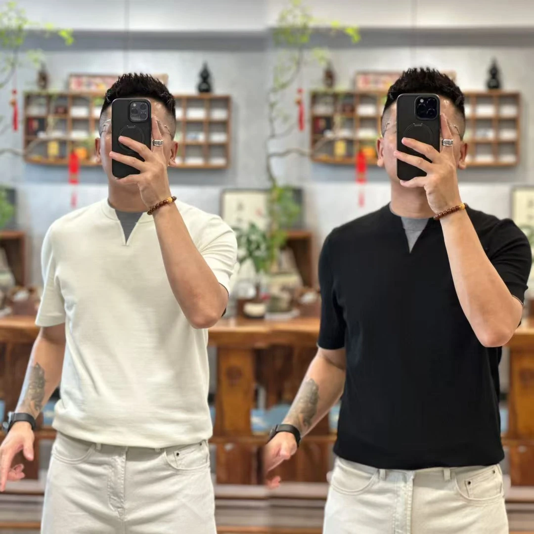 D31欧货秋季休闲百搭圆领T恤假两件V领款式男士针织衫