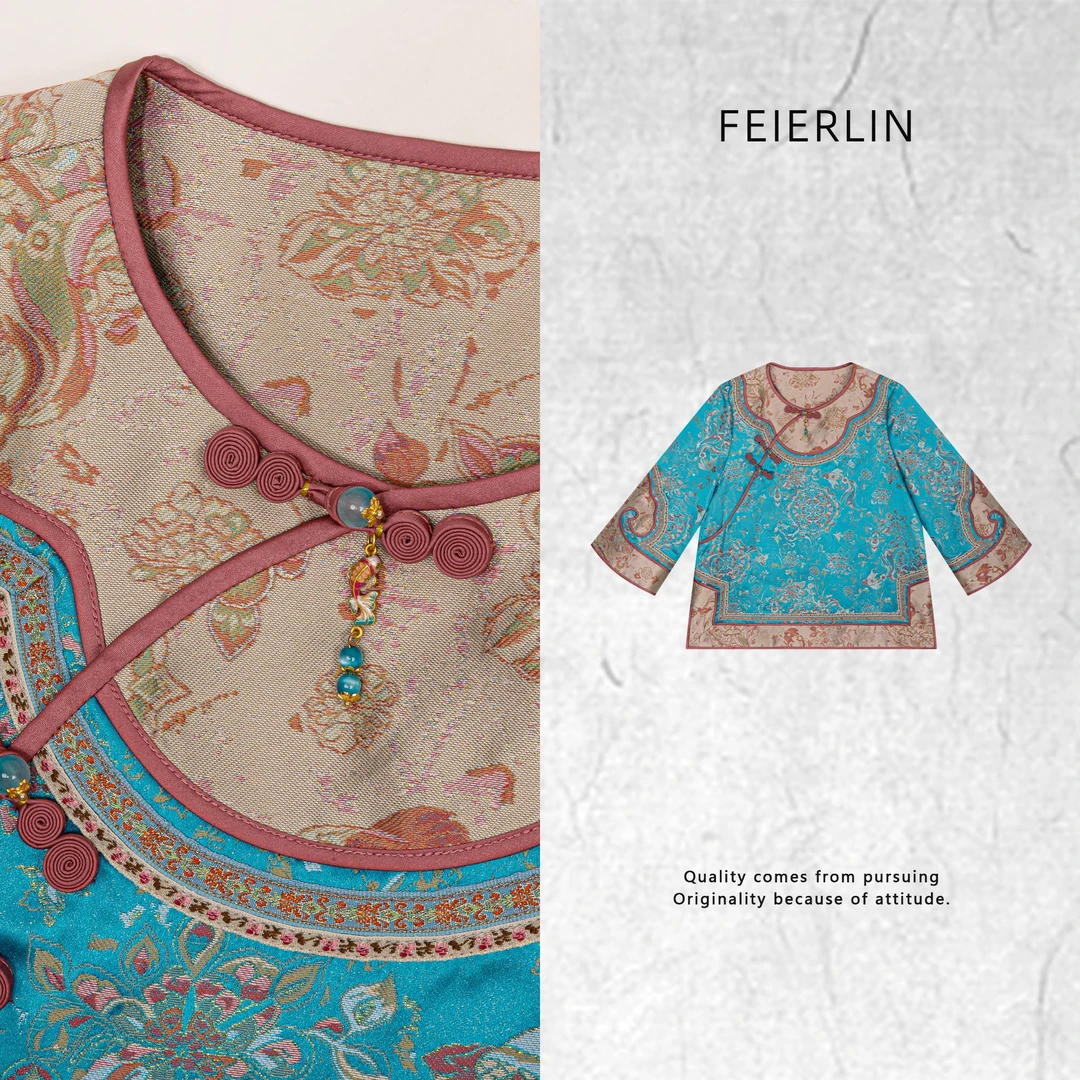 FEIERLIN- 深圳原创新中式国风女装桑蚕丝25ss夏款七分上衣50702