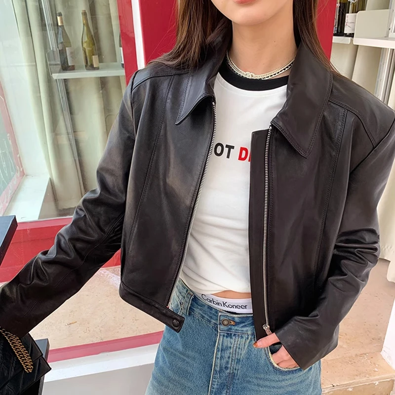 高级感2025秋新款进口植鞣绵羊皮真皮皮衣外套女短款小个子皮夹克