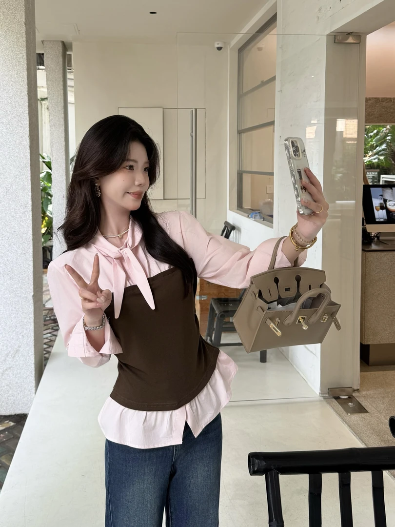 【拧香桃桃】韩系撞色拼接假两件修身衬衫秋季新款气质系带衬衣上衣