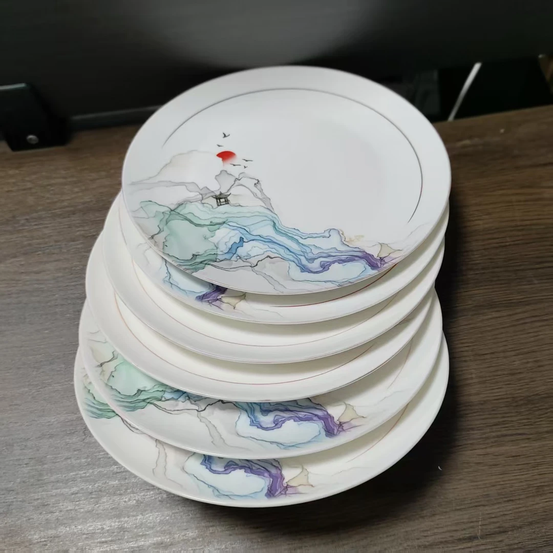 景德镇高温餐具山水8寸浅盘6个装