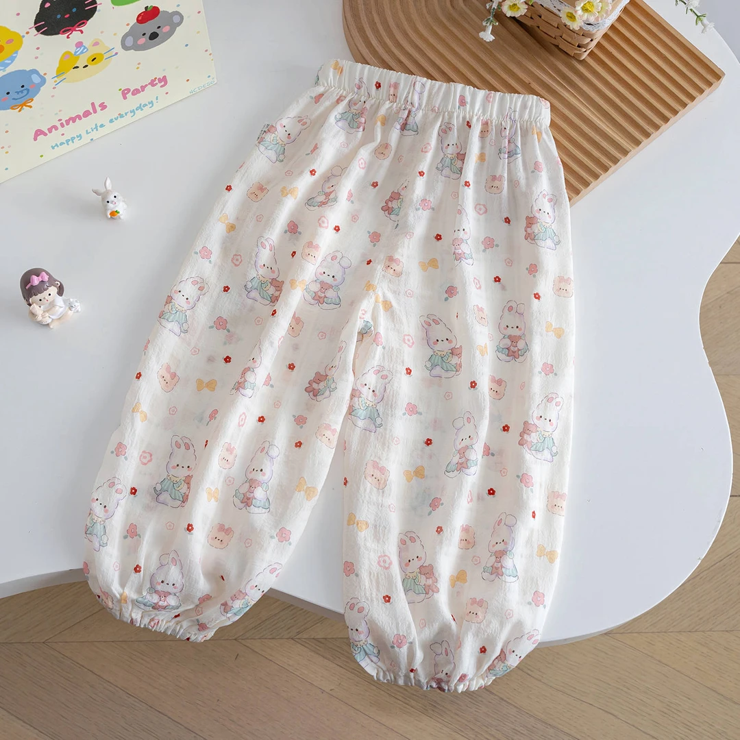 女童夏季薄款防蚊裤女宝宝束脚裤卡通印花宽松空调裤九分裤韩版棉