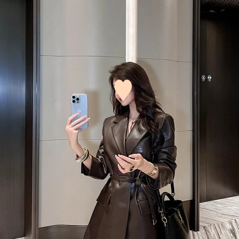 法式皮衣百搭2025新款复古气质收腰系带中长款西装轻奢