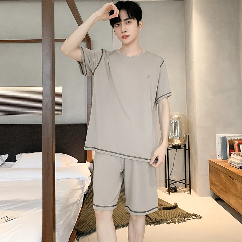 夏季家居服莫代尔冰丝睡衣男士宽松大码套装舒适圆领凉感短袖套装