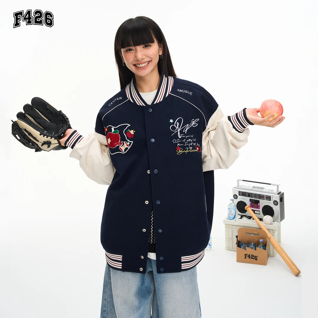 F426国潮牌美式情侣重工刺绣秋季趣味苹果棒球服外套穿搭7340 达