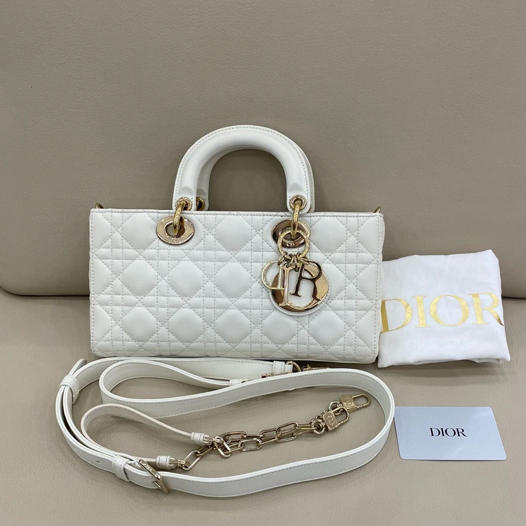 99新 DIOR/迪奥  joy横版中号 白色戴妃包 两根肩带