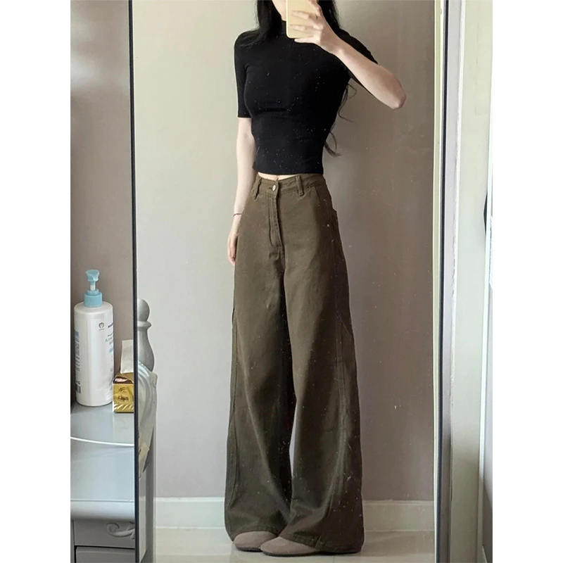 美式复古水洗棕咖色牛仔裤女2025冬季新款高腰显瘦直筒百搭阔腿裤