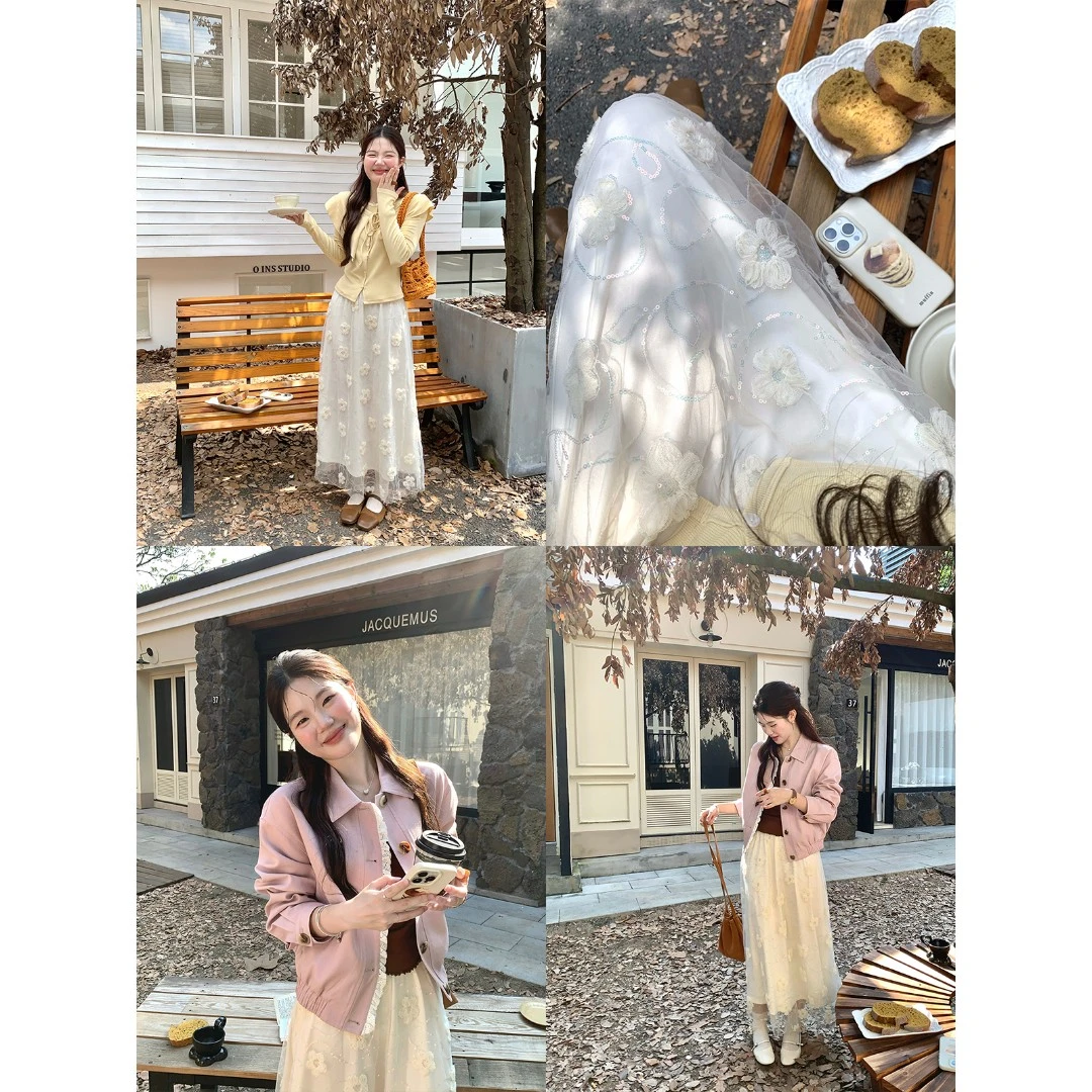 火火火【星砂牛奶】韩系松紧腰网纱花朵半身裙B37592HH53