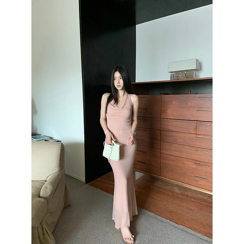 王少女的店 粉色挂脖荡领休闲连衣裙夏季气质显瘦长裙 L31758S51