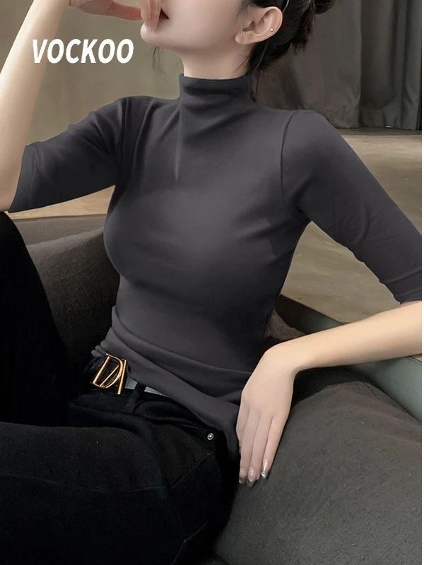 VOCKOO半高领早秋打底上衣新款莫代尔打底衫内搭修身纯棉五分袖针