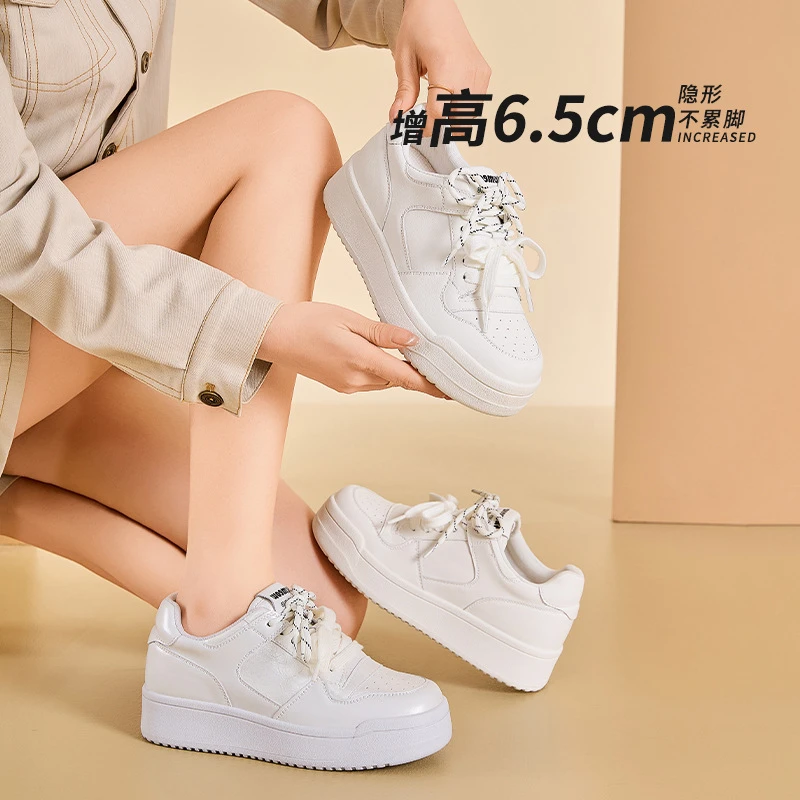 6.5cm内增高厚底小白鞋女春夏季真皮透气小众百搭板鞋休闲德训鞋