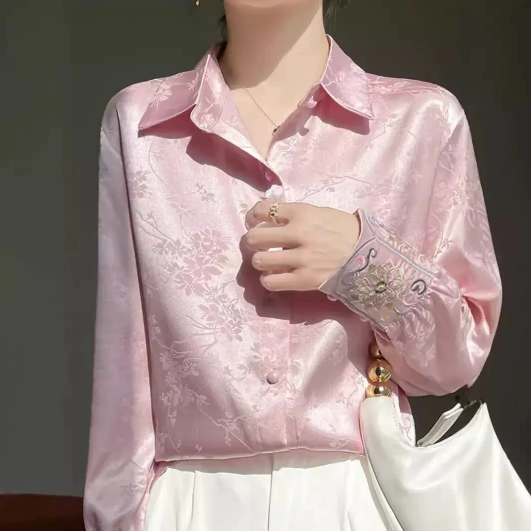 新中式醋酸缎面提花衬衫女新款复古国风唐装上衣设计长袖衬衣