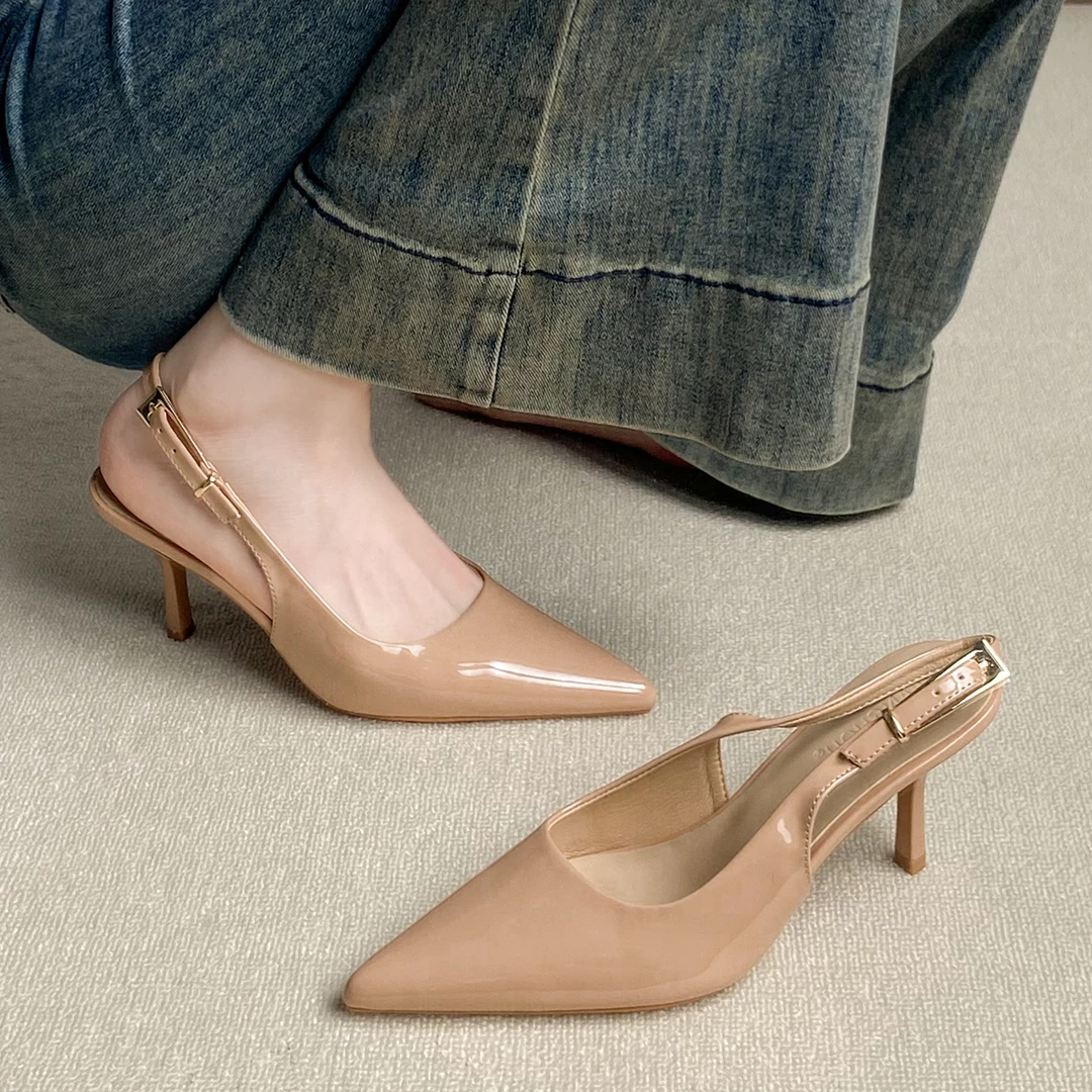 2025新款一字带后空高跟鞋御姐风配裙子显瘦尖头裸色凉拖细跟女鞋