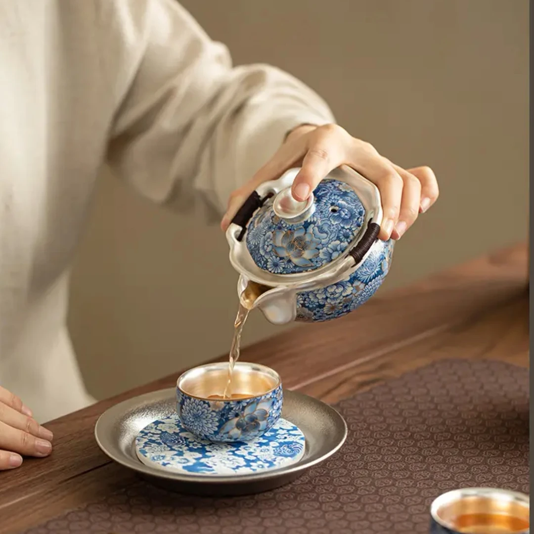 当代繁花汝窑银手抓壶陶瓷功夫茶具送礼小套装中式 A10603