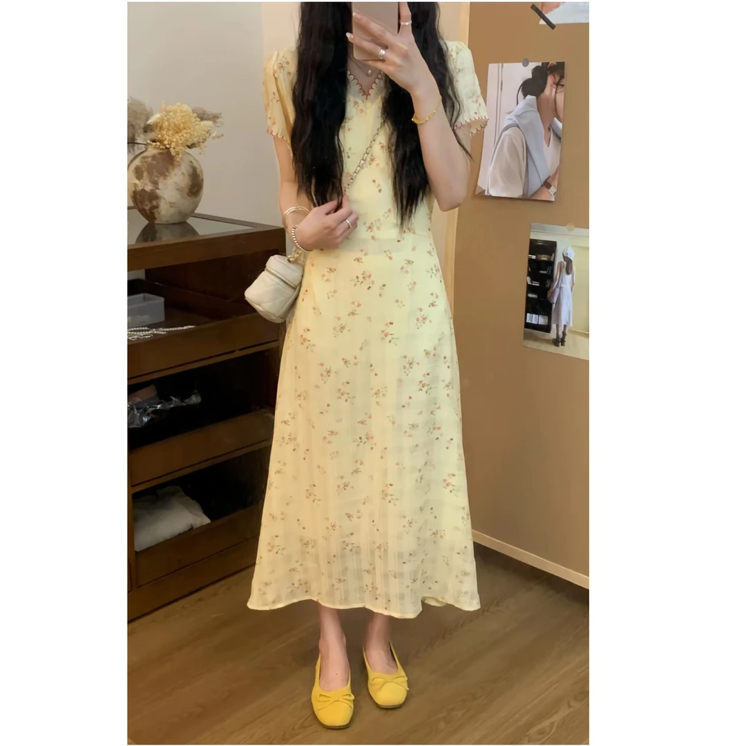 小岛蔷薇法式甜美夏季新款温柔风V领长裙女