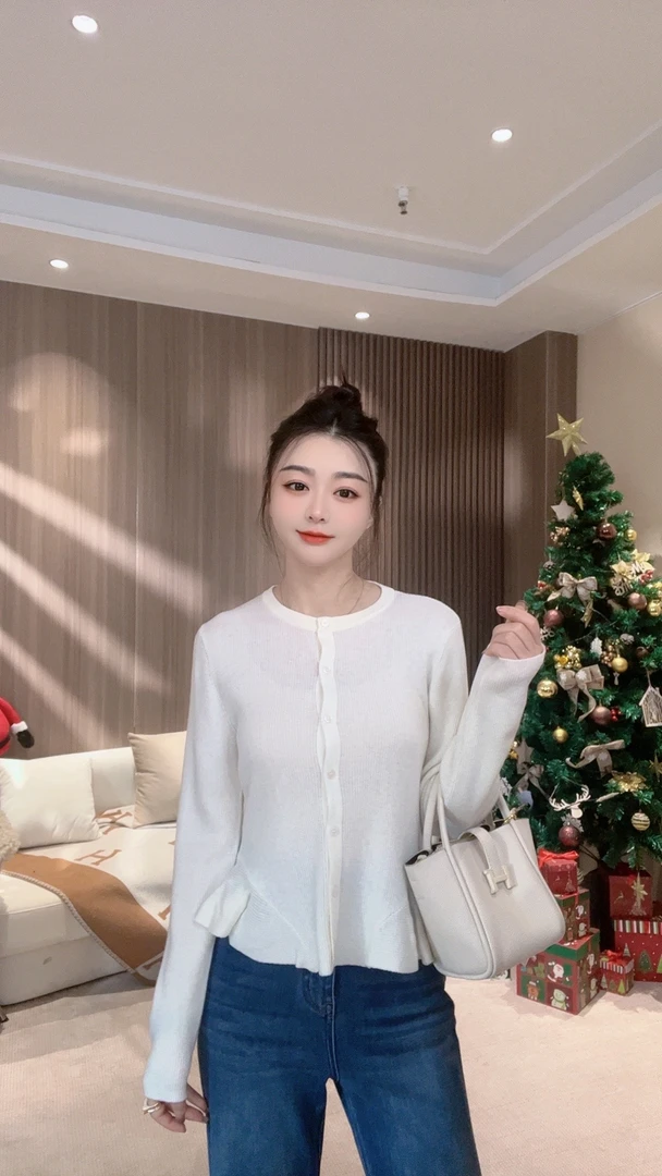 MRFEITO2025春季纯色下摆褶皱显瘦女士针织开衫H1KS01D30973