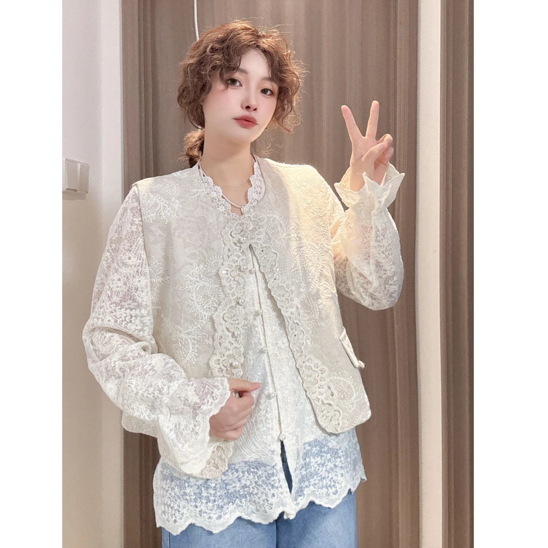 春季爆款重工刺绣马甲套装蕾丝花边小衫两件套