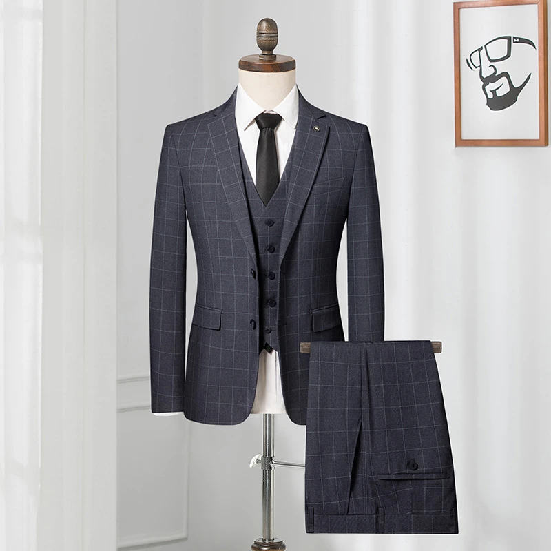 西装男套装三件套职业正装新款修身格子商务休闲西服新郎结婚礼服