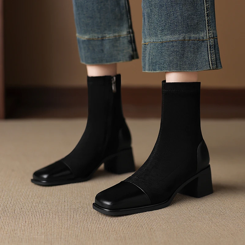 2025年新款百搭粗跟弹力靴百搭时尚瘦瘦靴袜靴女鞋短靴41-43大码