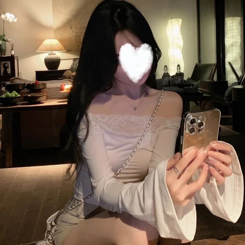 2025秋季新款美式复古一字肩露肩蕾丝长袖T恤修身显瘦纯欲女上衣