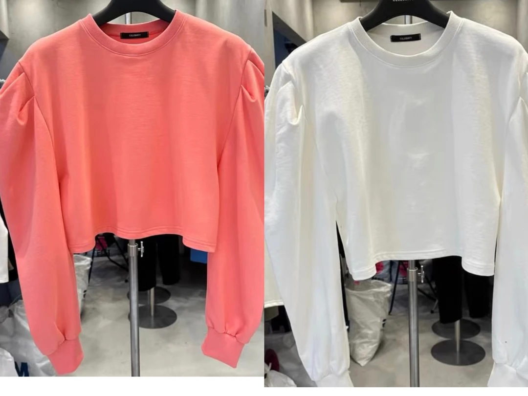 红姐严选韩压褶泡泡袖宽肩卫衣31512