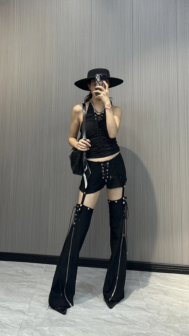 辣妹拉链绑带短裤腿套两件套7180