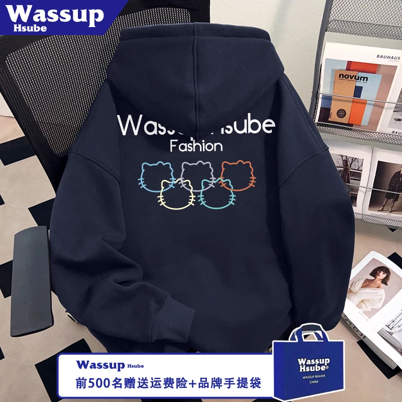 WASSUP HSUBE藏青套头男女连帽卫衣秋季线条猫咪英文印花新颖上衣