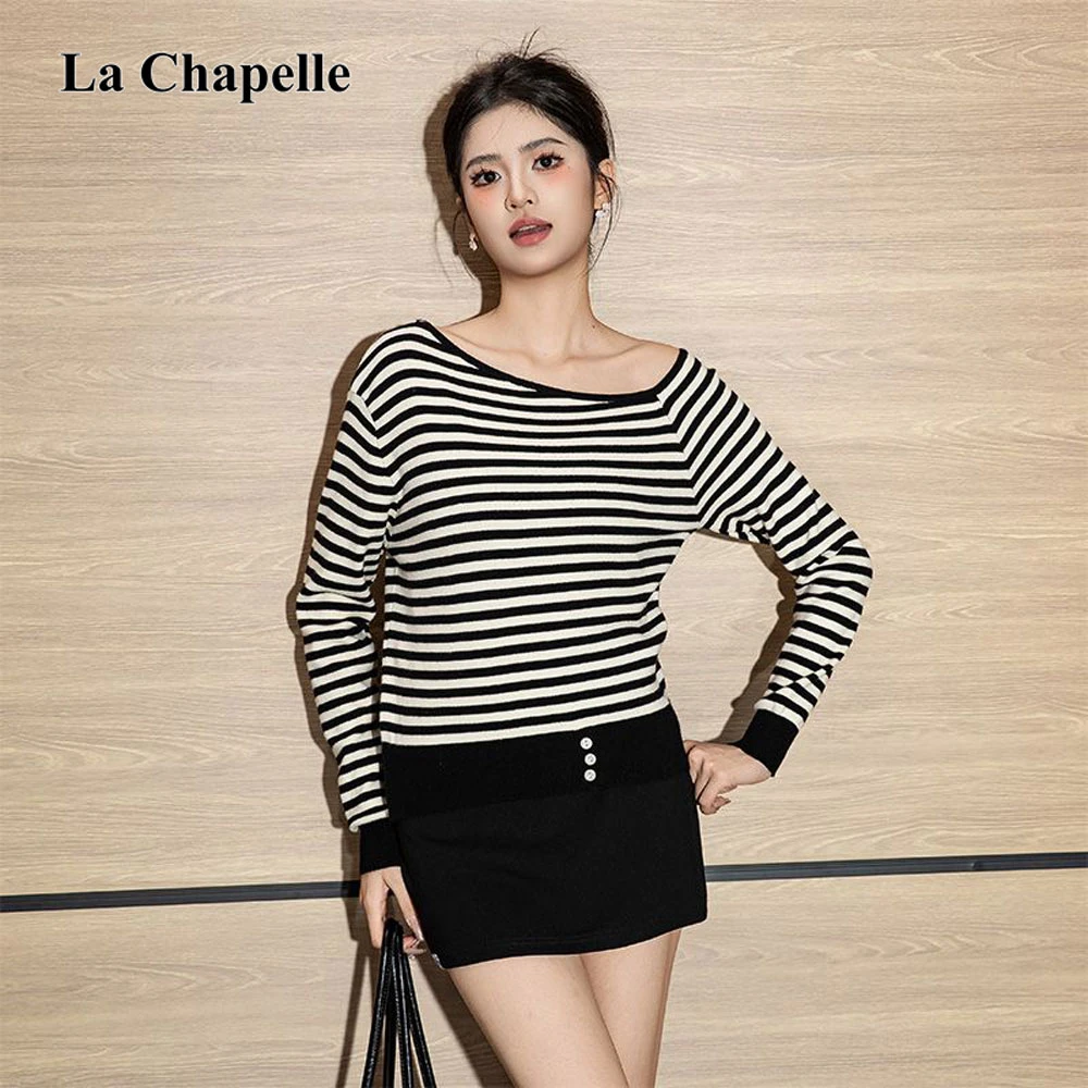 拉夏贝尔韩系小清新气质百搭长袖T恤衫露肩横条纹针织衫女士上衣