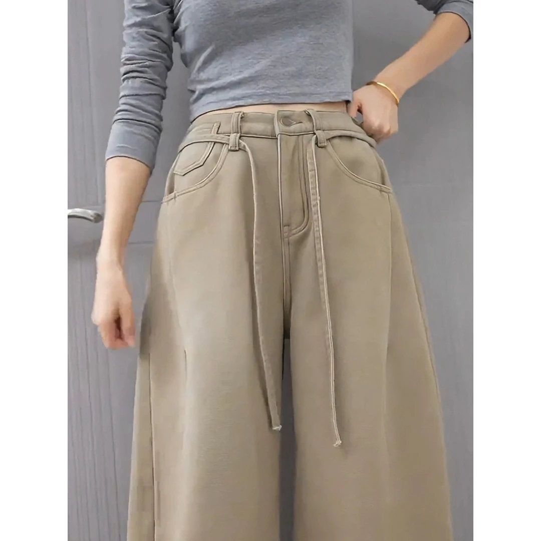 卡其色牛仔阔腿裤女2025年秋冬季新款梨型大码加绒加绒弯刀老爹裤