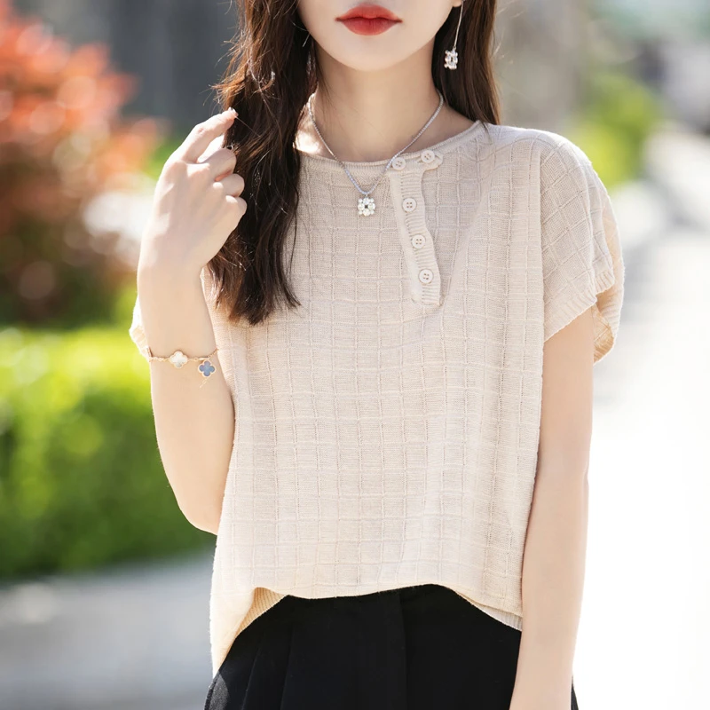 韩版休闲短袖针织纯棉打底衫女夏季薄款宽松显瘦斜领方格圆领上衣