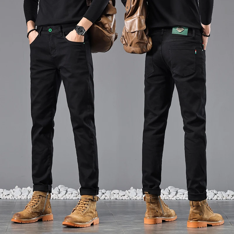 防褪色纯黑秋冬新款牛仔裤男士修身弹力百搭商务直筒欧版长裤子