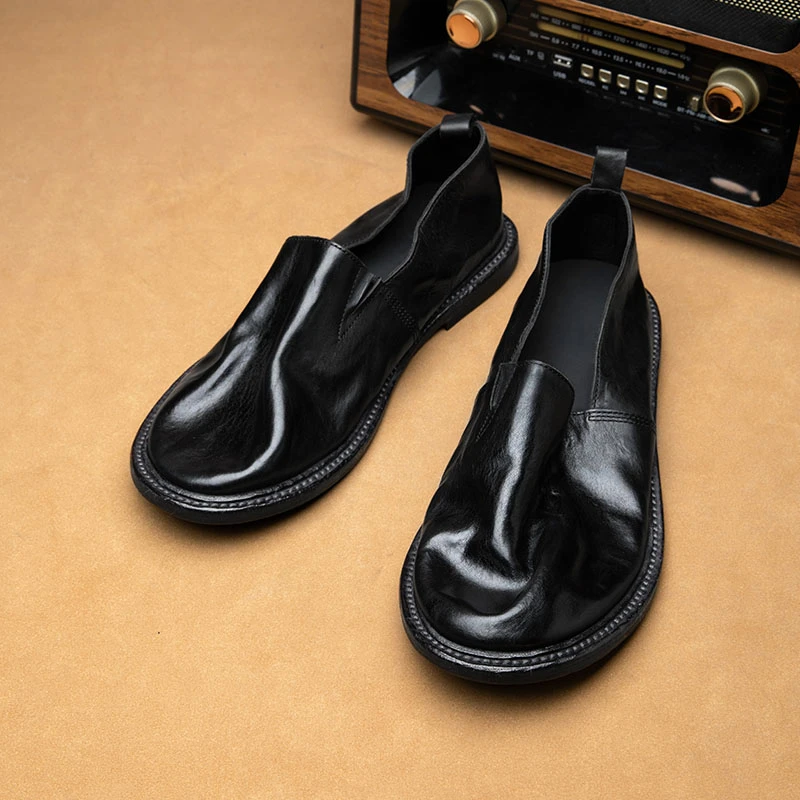 乐福鞋手工渔夫鞋牛皮底一脚蹬马皮软皮懒人鞋固特异皮鞋夏季薄款
