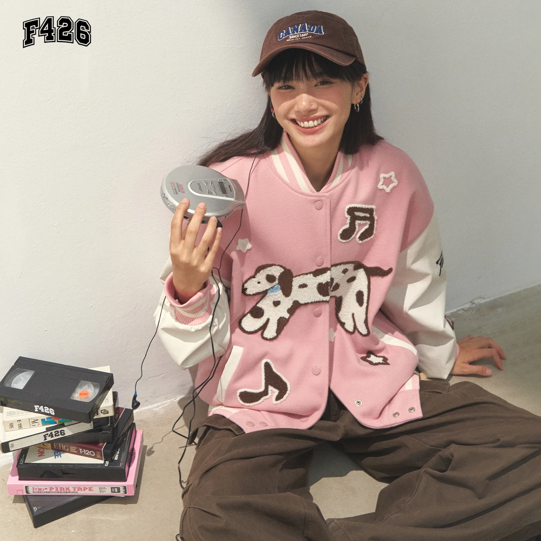 F426国潮牌秋季新款情侣美式复古斑点狗毛巾绣棒球服夹克外套7351