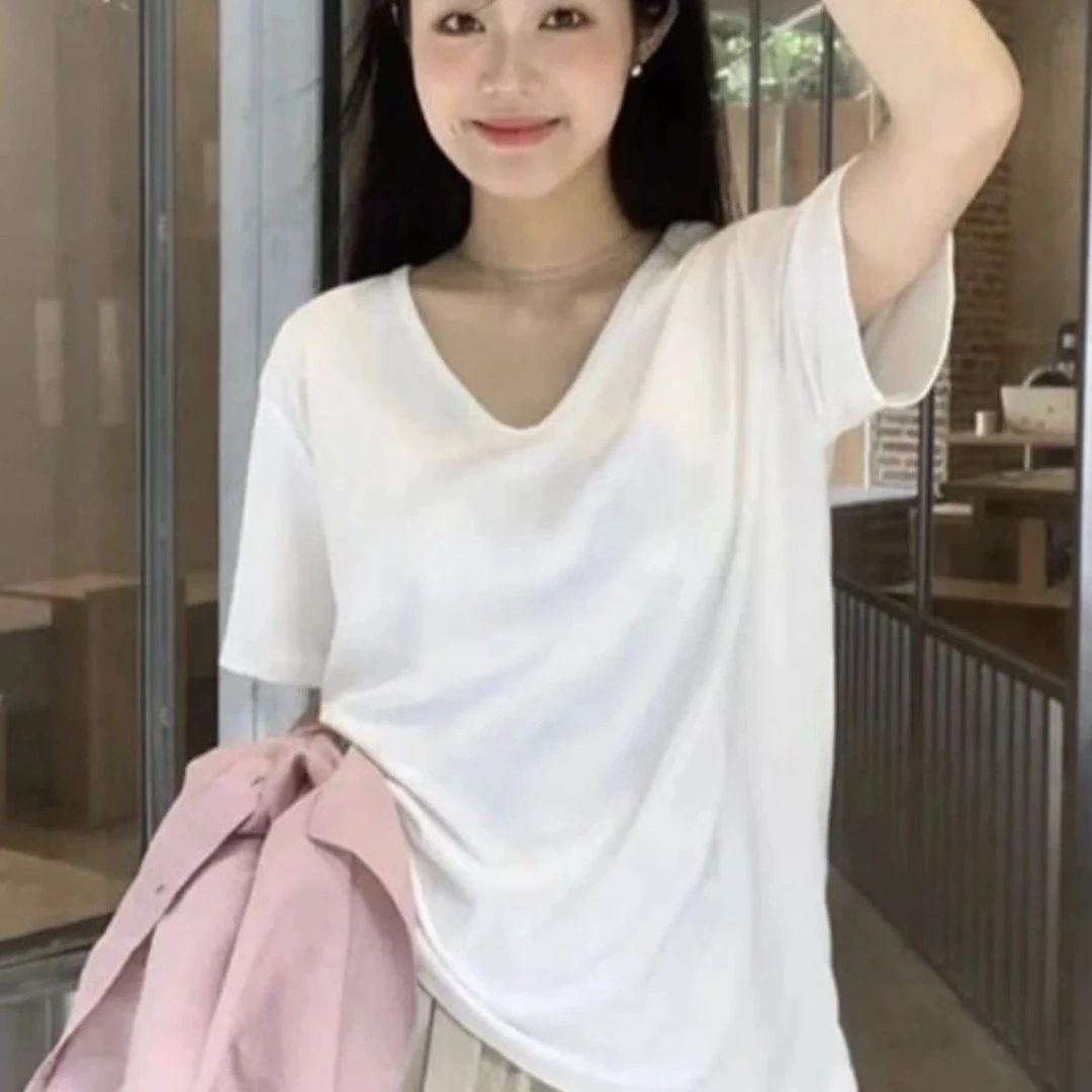 抗起球慵懒风纯色短袖染色V领T恤休闲半袖夏季白色