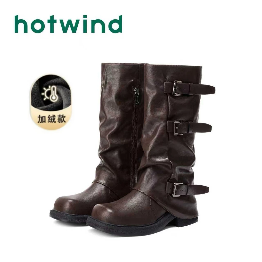 Hotwind热风爆款高筒长靴女2025新款秋季西部牛仔堆堆靴骑士靴