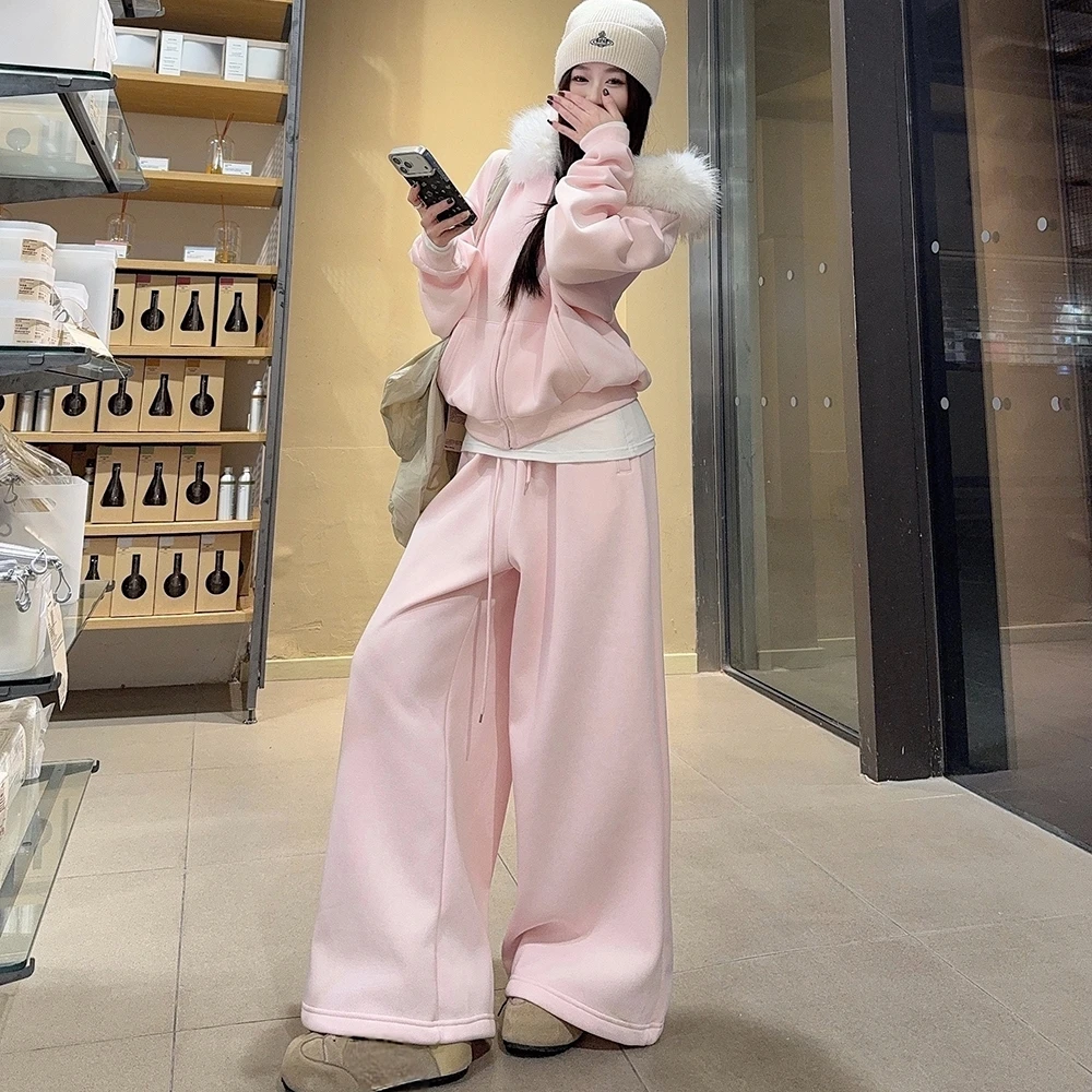 粉色少女感休闲运动服套装女秋冬韩系加绒大毛领卫衣阔腿裤两件套