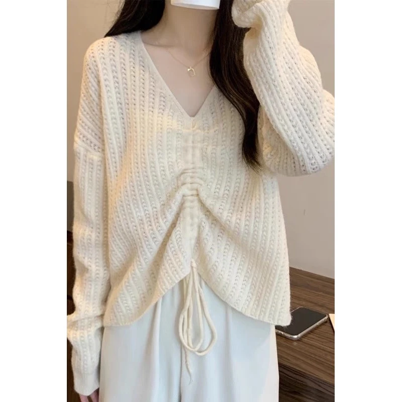 大码设计感抽绳领长袖针织衫女新款胖宽松显瘦短款上衣服