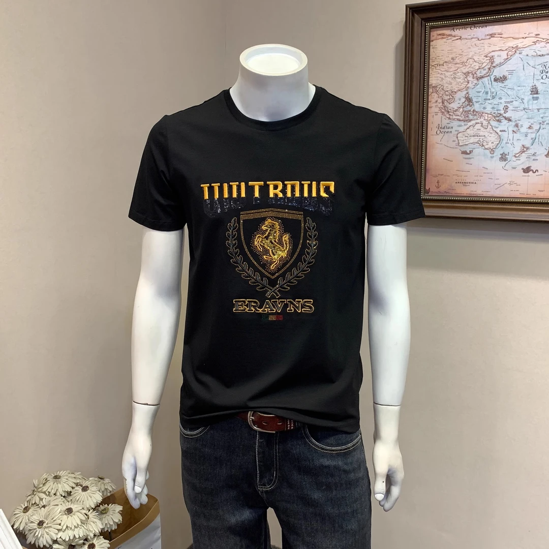 吉伦略索高端夏季男士烫钻刺绣短袖T恤青年修身潮流休闲百搭半袖