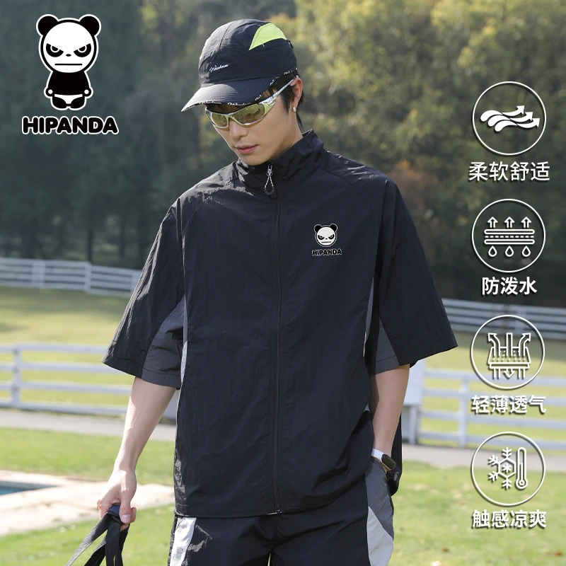 HiPanda你好熊猫夏季短袖衬衫男士薄休闲宽松立领半拉链速干上衣