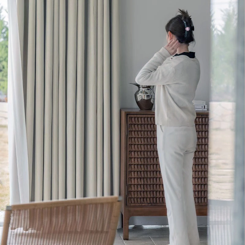 S010轻奢雪尼尔丝线奶白色睡眠大师遮光客厅卧室窗帘成品一套两片