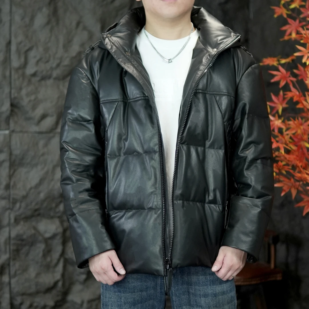 海宁男士轻奢真皮皮衣皮羽绒牛皮鹅绒服短款连帽加厚皮夹克外套
