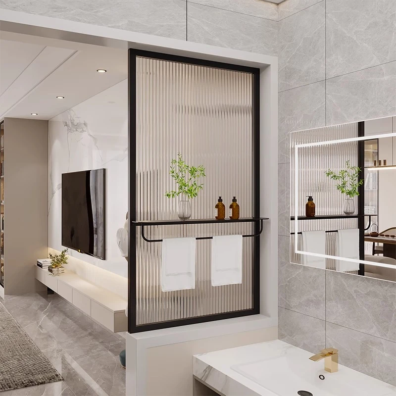 现代简约卫生间半墙玻璃隔断铁艺置物架洗漱台客厅屏风隔断定制