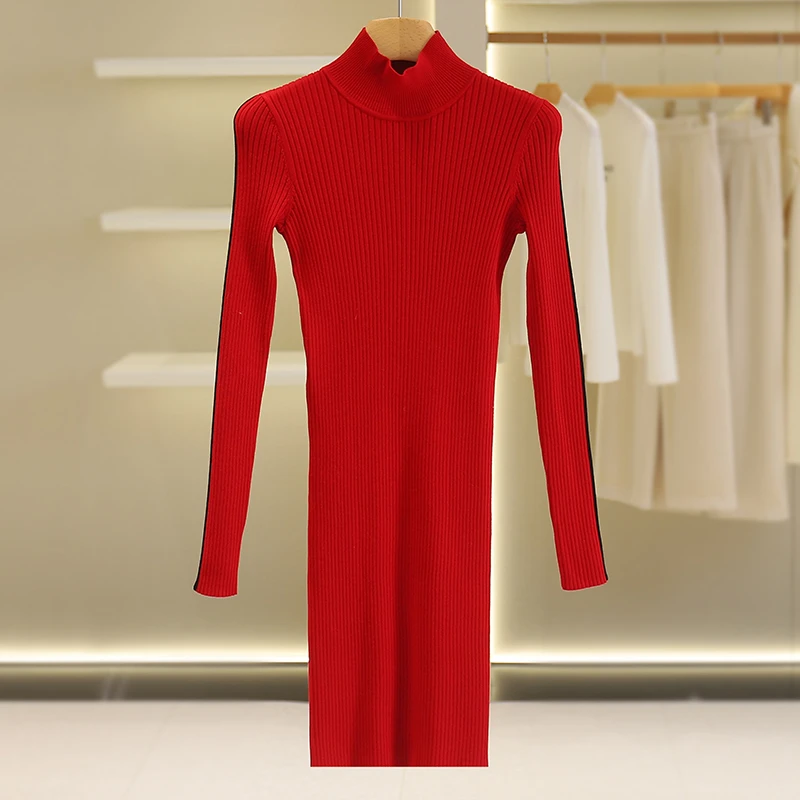 【伍莎-自营】两侧拼色紧身半高领针织连衣裙#ZQA38L008