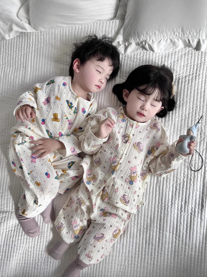 2025春夏儿童睡衣长袖a类双层棉纱男童女童家居服睡衣套装空调服