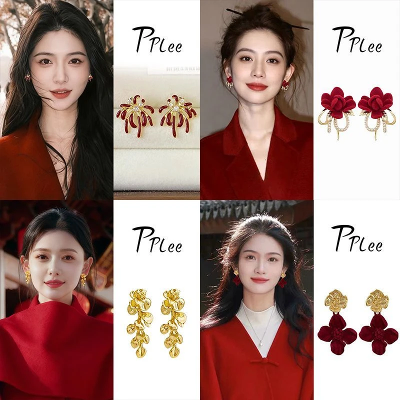 独特设计巨显白绚烂红色烟花耳钉复古高级感新年喜庆气质百搭耳饰